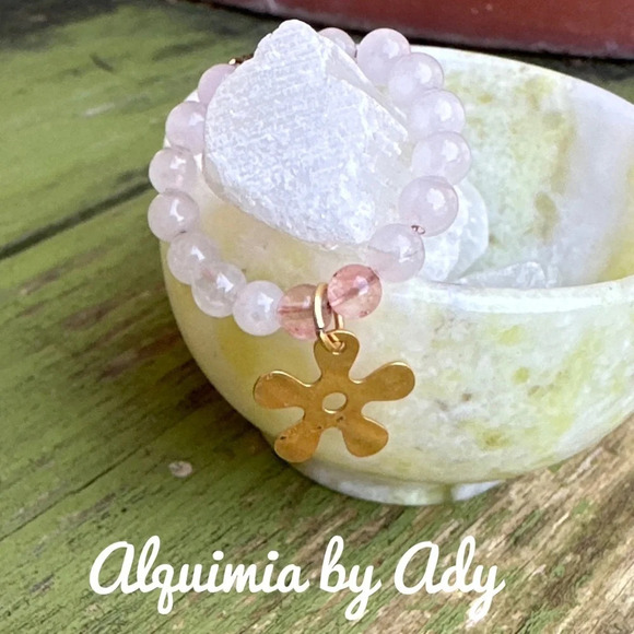 Pink Quartz gold flower charm beaded handmade boho ring band - Picture 1 of 8